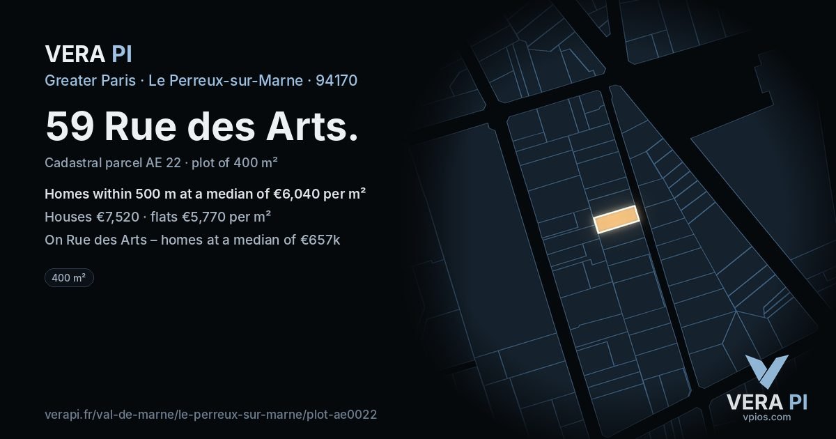 59 Rue des Arts, Le Perreux-sur-Marne at night – the plot lit, the parcels around coloured by the prices near them