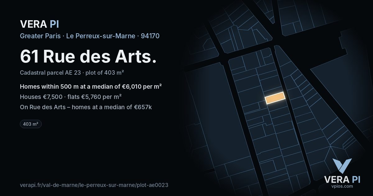 61 Rue des Arts, Le Perreux-sur-Marne at night – the plot lit, the parcels around coloured by the prices near them
