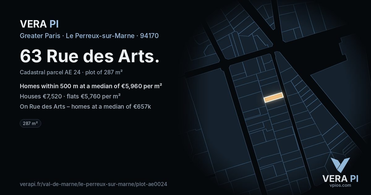 63 Rue des Arts, Le Perreux-sur-Marne at night – the plot lit, the parcels around coloured by the prices near them