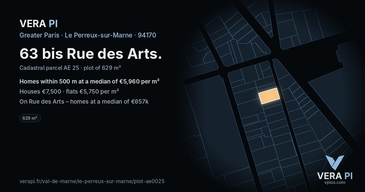 63 bis Rue des Arts, Le Perreux-sur-Marne at night – the plot lit, the parcels around coloured by the prices near them