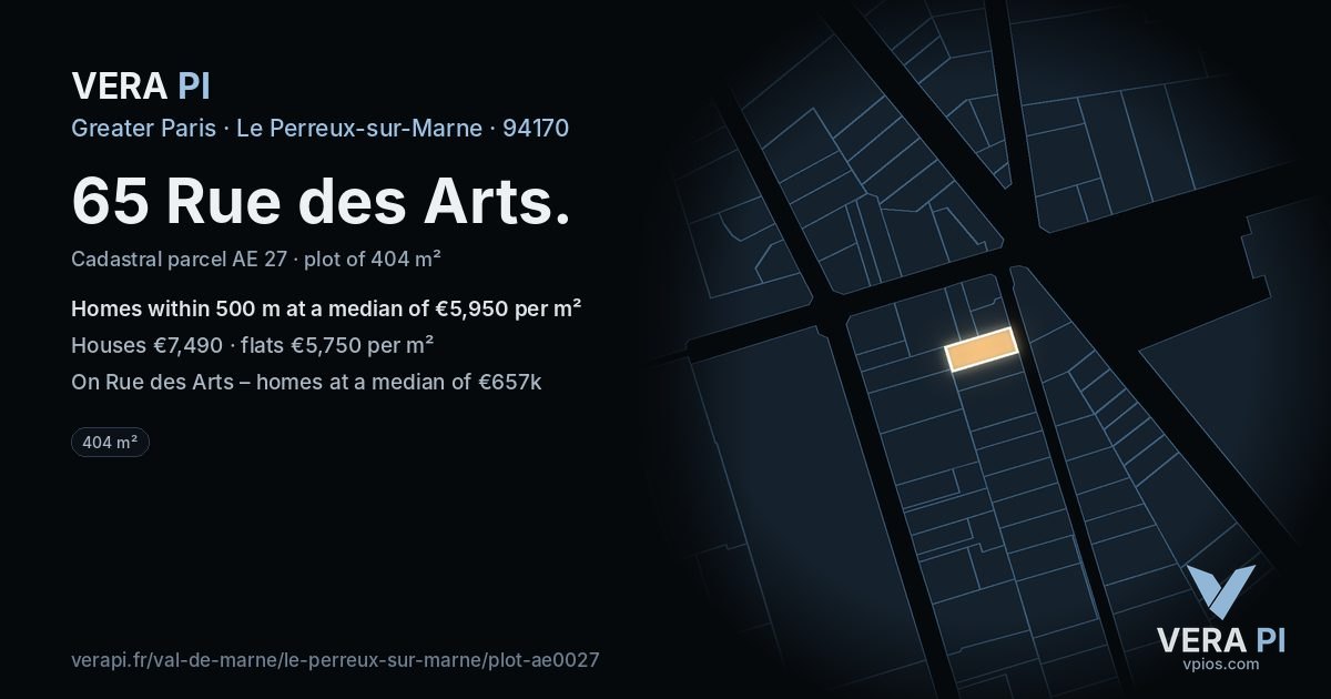 65 Rue des Arts, Le Perreux-sur-Marne at night – the plot lit, the parcels around coloured by the prices near them
