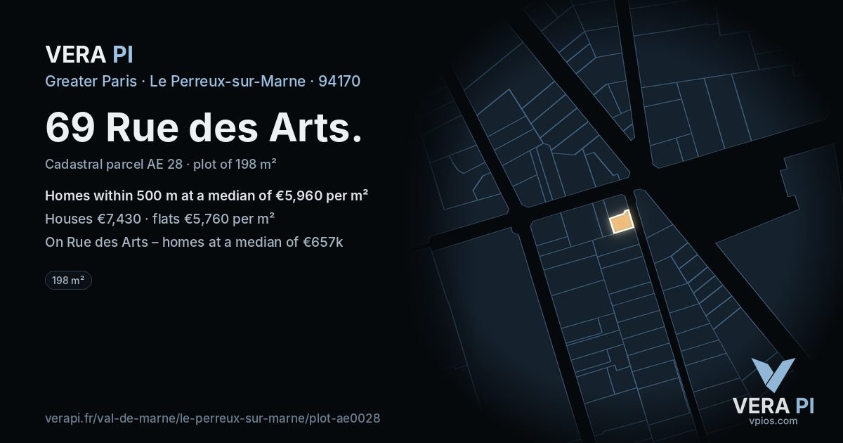 69 Rue des Arts, Le Perreux-sur-Marne at night – the plot lit, the parcels around coloured by the prices near them