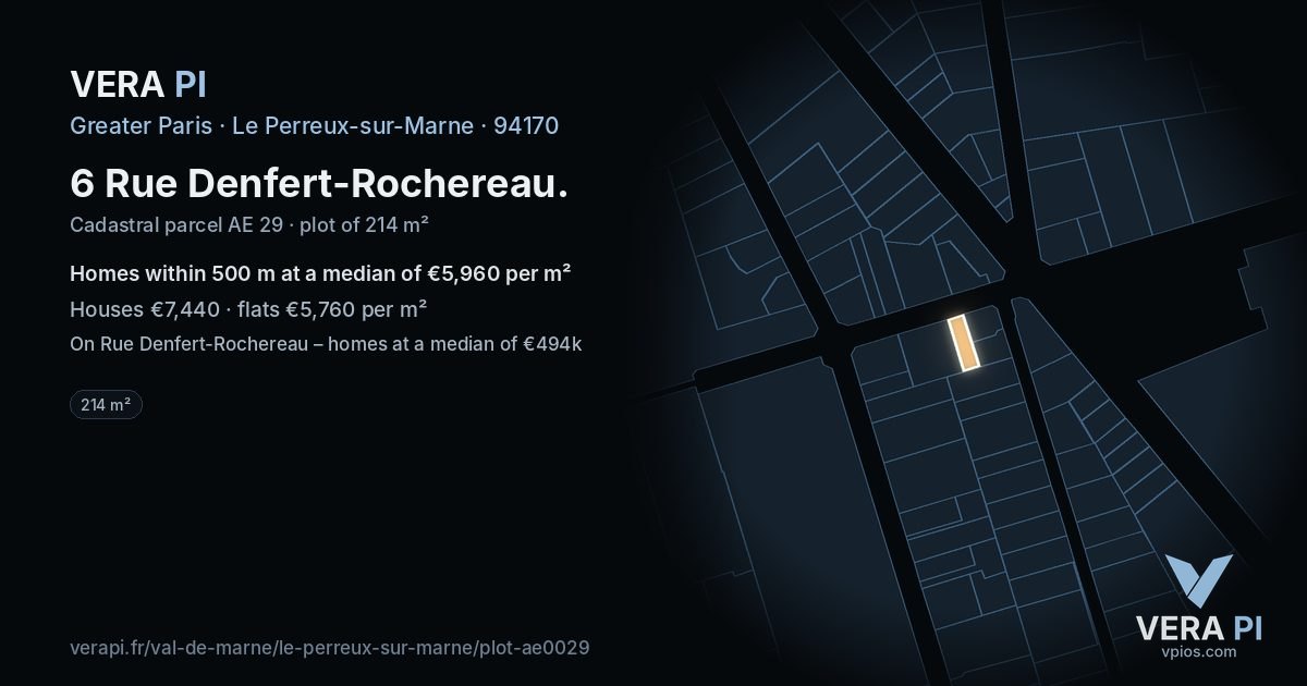 6 Rue Denfert-Rochereau, Le Perreux-sur-Marne at night – the plot lit, the parcels around coloured by the prices near them