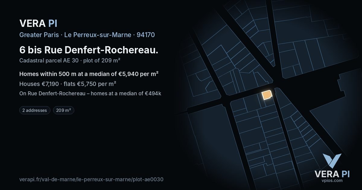 6 bis Rue Denfert-Rochereau, Le Perreux-sur-Marne at night – the plot lit, the parcels around coloured by the prices near them