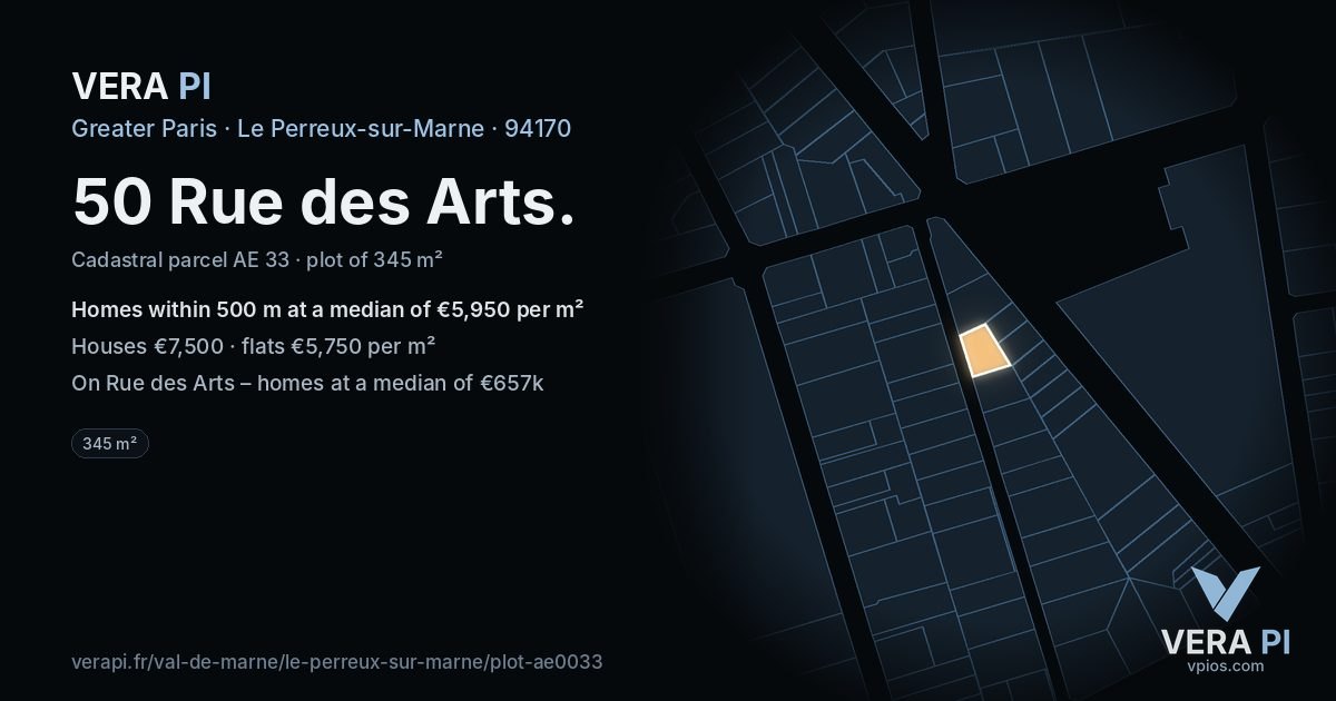 50 Rue des Arts, Le Perreux-sur-Marne at night – the plot lit, the parcels around coloured by the prices near them