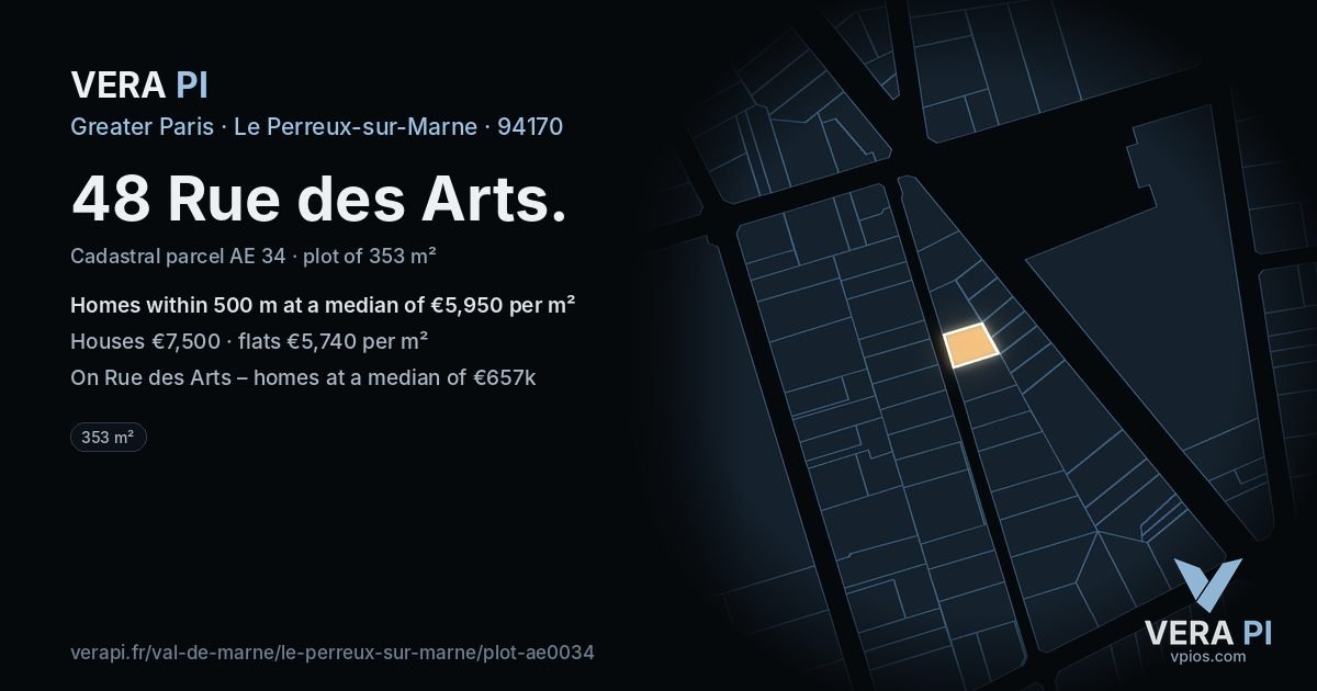 48 Rue des Arts, Le Perreux-sur-Marne at night – the plot lit, the parcels around coloured by the prices near them