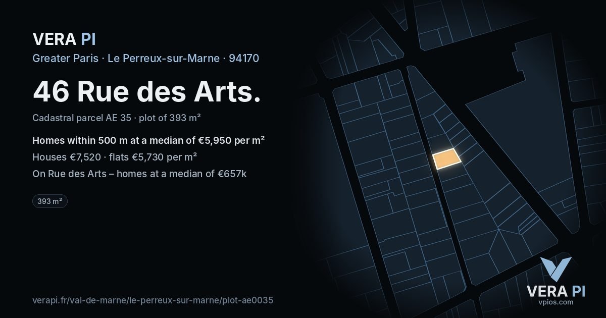 46 Rue des Arts, Le Perreux-sur-Marne at night – the plot lit, the parcels around coloured by the prices near them