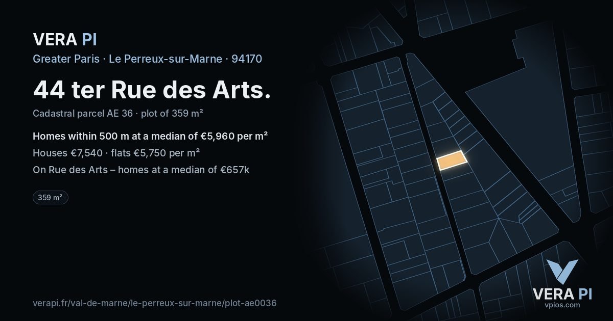 44 ter Rue des Arts, Le Perreux-sur-Marne at night – the plot lit, the parcels around coloured by the prices near them