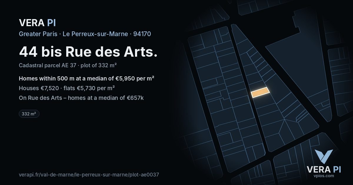 44 bis Rue des Arts, Le Perreux-sur-Marne at night – the plot lit, the parcels around coloured by the prices near them