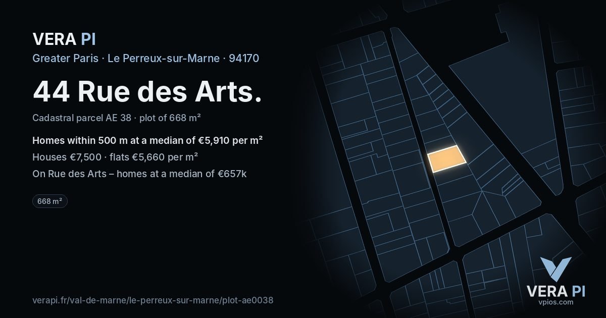 44 Rue des Arts, Le Perreux-sur-Marne at night – the plot lit, the parcels around coloured by the prices near them