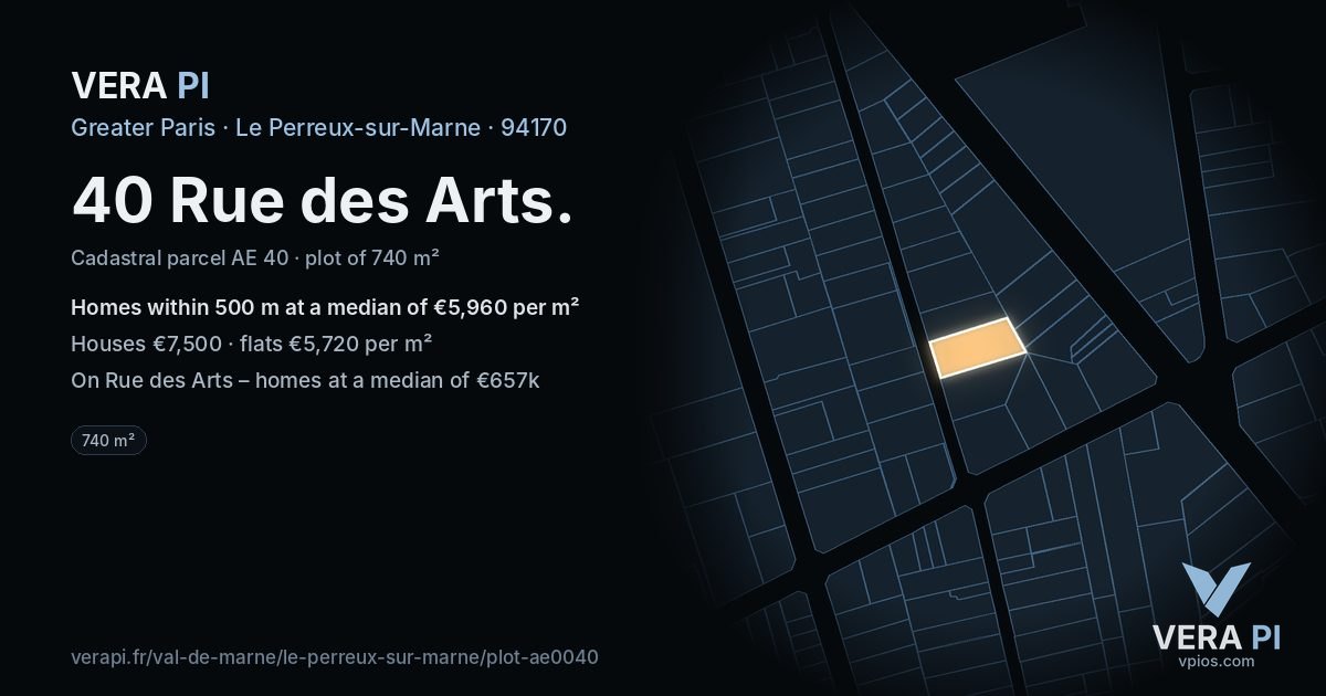 40 Rue des Arts, Le Perreux-sur-Marne at night – the plot lit, the parcels around coloured by the prices near them