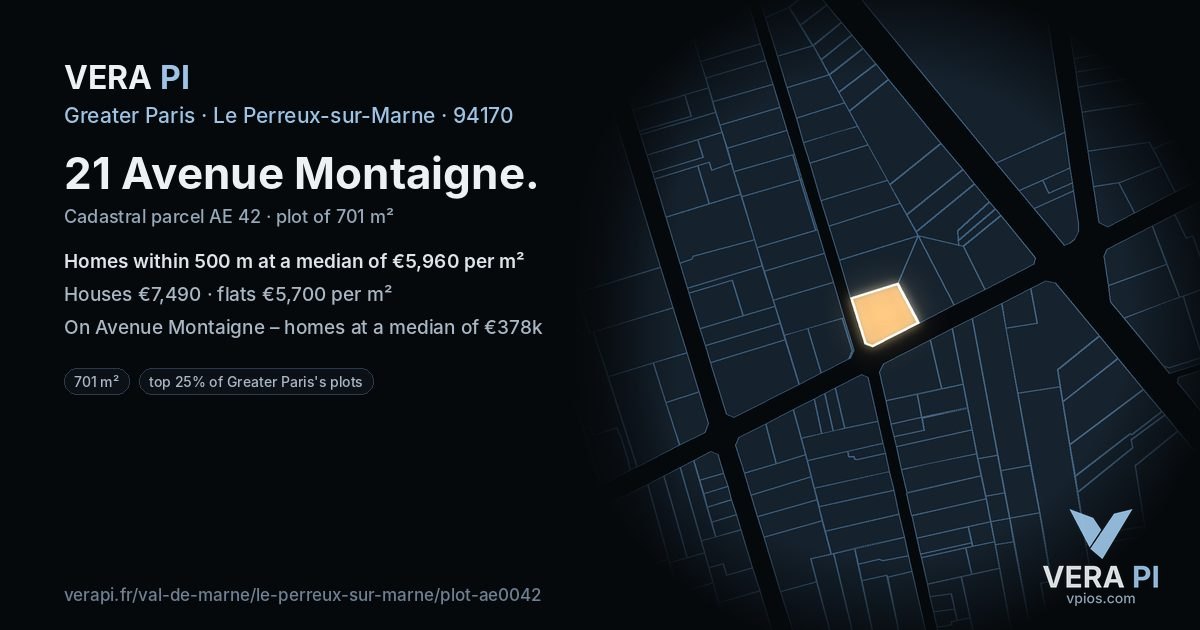 21 Avenue Montaigne, Le Perreux-sur-Marne at night – the plot lit, the parcels around coloured by the prices near them