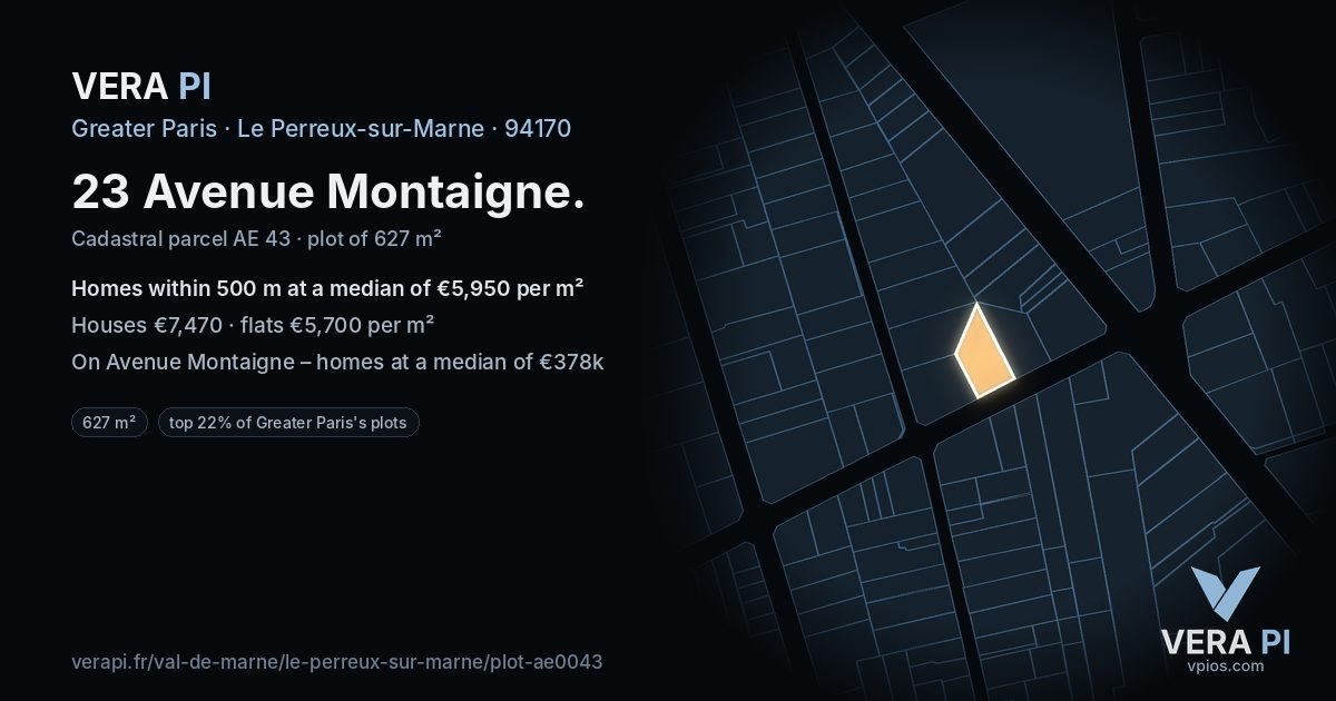 23 Avenue Montaigne, Le Perreux-sur-Marne at night – the plot lit, the parcels around coloured by the prices near them