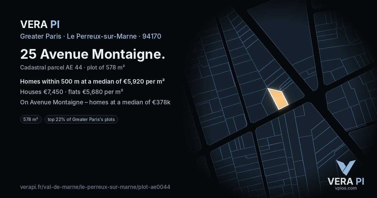 25 Avenue Montaigne, Le Perreux-sur-Marne at night – the plot lit, the parcels around coloured by the prices near them