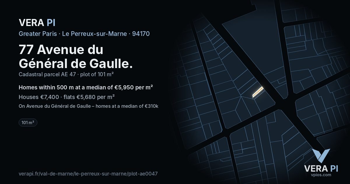 77 Avenue du Général de Gaulle, Le Perreux-sur-Marne at night – the plot lit, the parcels around coloured by the prices near them