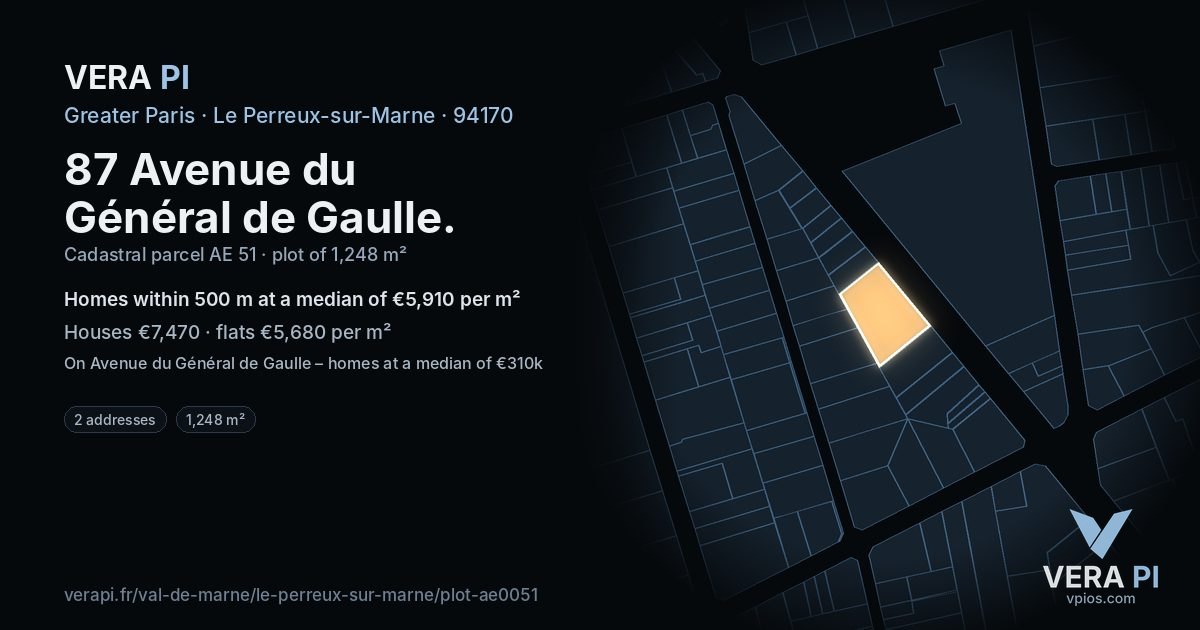 87 Avenue du Général de Gaulle, Le Perreux-sur-Marne at night – the plot lit, the parcels around coloured by the prices near them