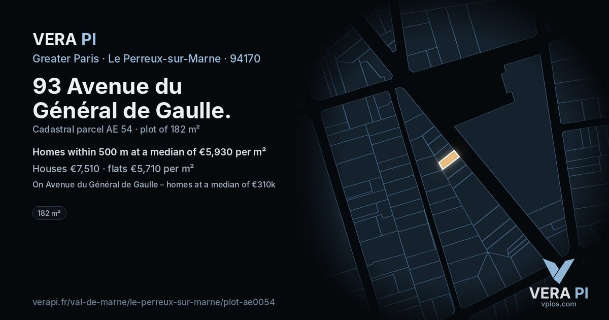 93 Avenue du Général de Gaulle, Le Perreux-sur-Marne at night – the plot lit, the parcels around coloured by the prices near them