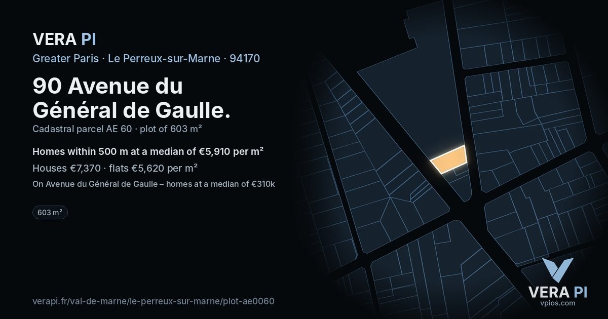90 Avenue du Général de Gaulle, Le Perreux-sur-Marne at night – the plot lit, the parcels around coloured by the prices near them
