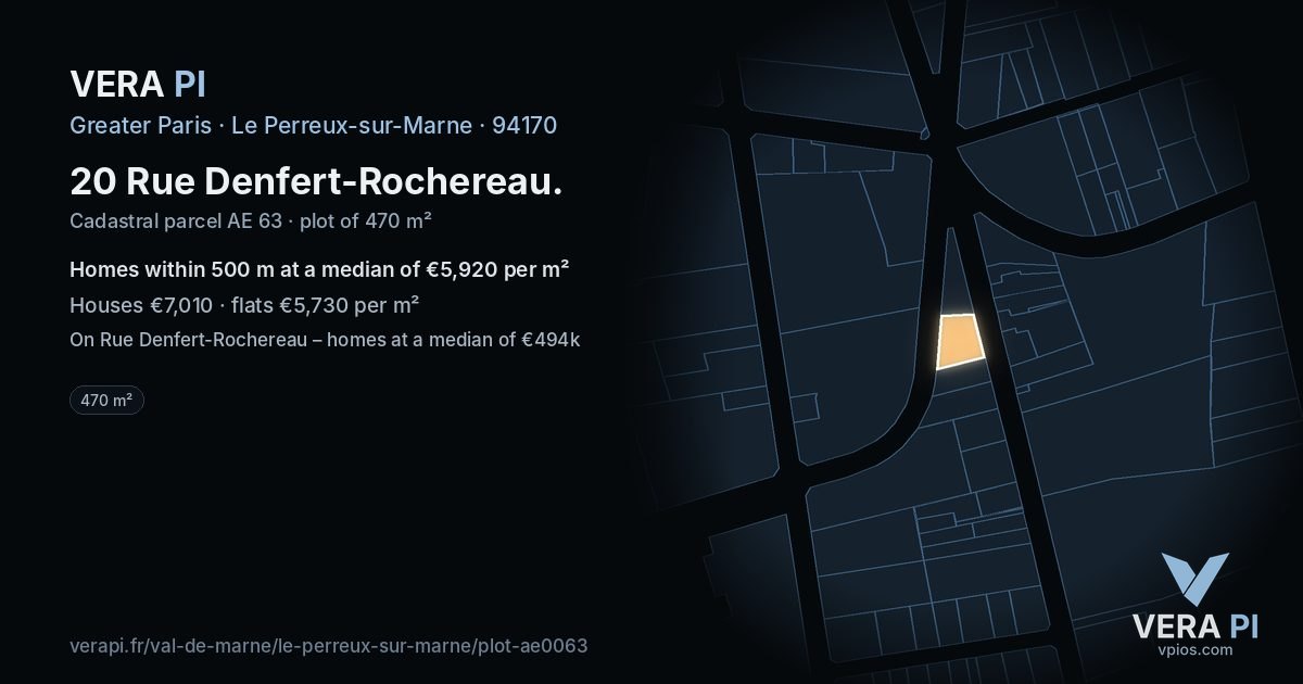 20 Rue Denfert-Rochereau, Le Perreux-sur-Marne at night – the plot lit, the parcels around coloured by the prices near them