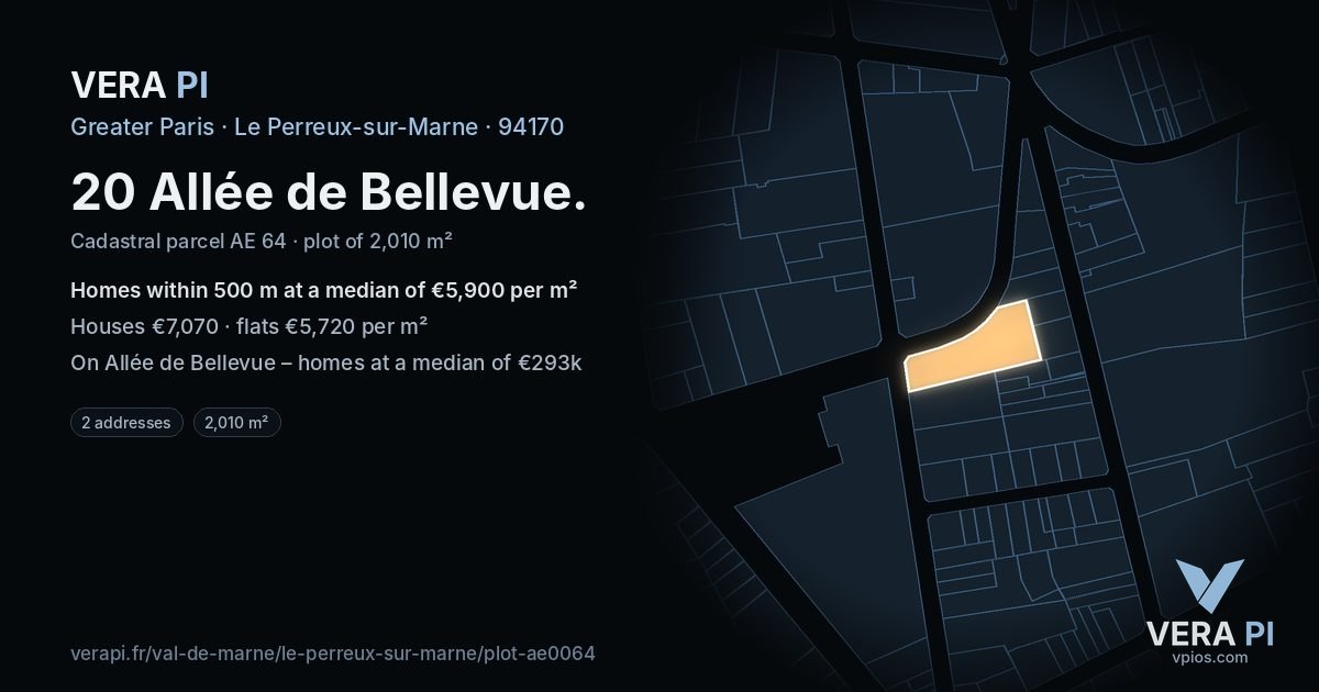 20 Allée de Bellevue, Le Perreux-sur-Marne at night – the plot lit, the parcels around coloured by the prices near them