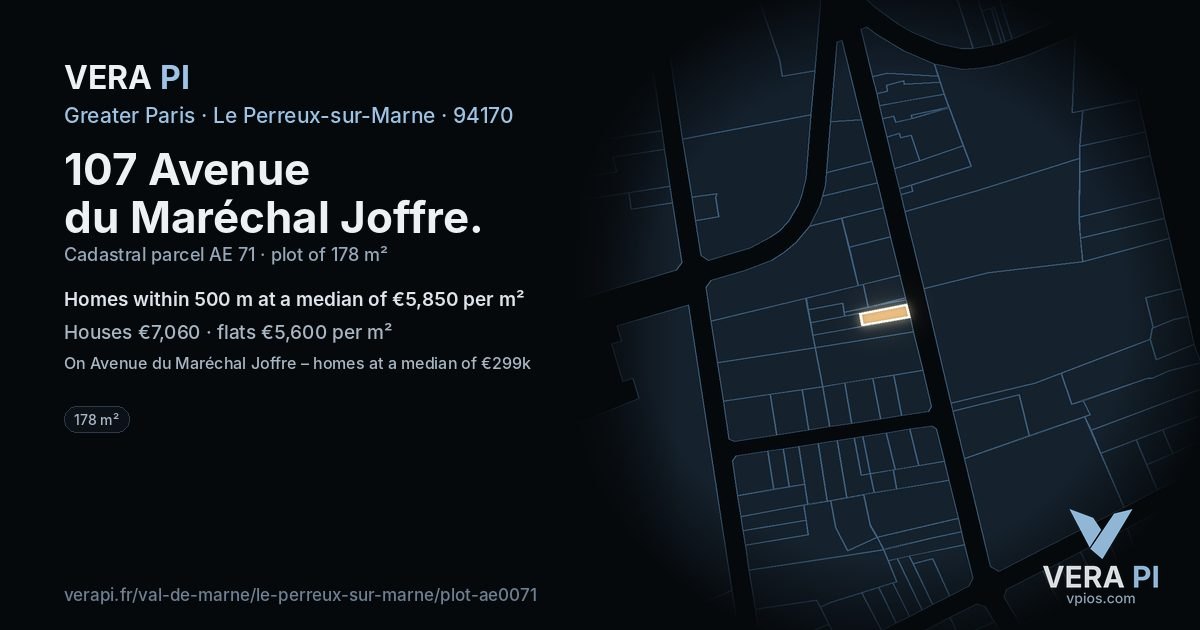 107 Avenue du Maréchal Joffre, Le Perreux-sur-Marne at night – the plot lit, the parcels around coloured by the prices near them