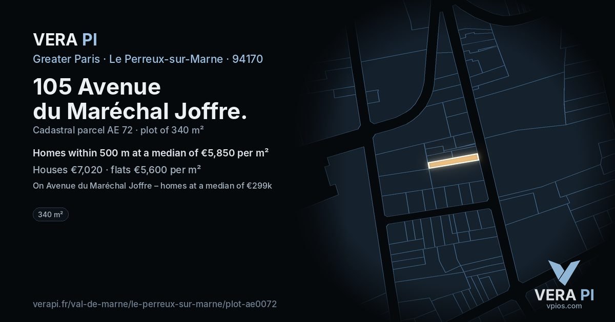 105 Avenue du Maréchal Joffre, Le Perreux-sur-Marne at night – the plot lit, the parcels around coloured by the prices near them