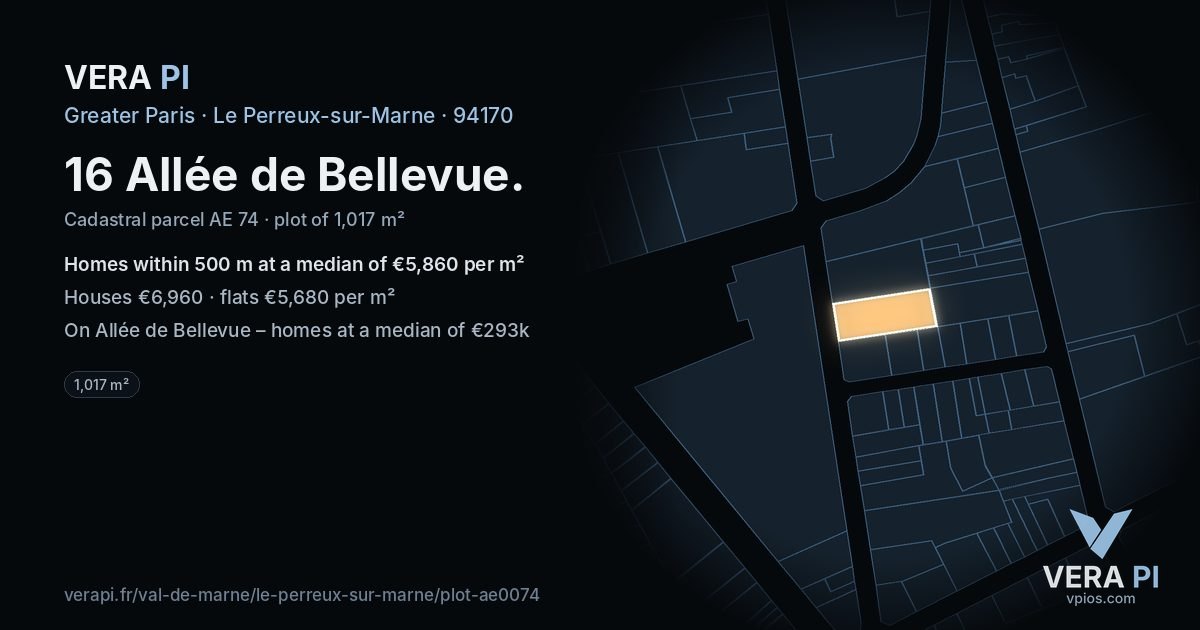 16 Allée de Bellevue, Le Perreux-sur-Marne at night – the plot lit, the parcels around coloured by the prices near them