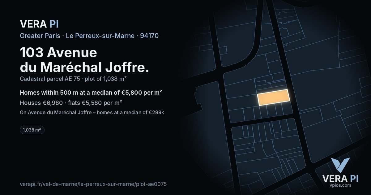 103 Avenue du Maréchal Joffre, Le Perreux-sur-Marne at night – the plot lit, the parcels around coloured by the prices near them