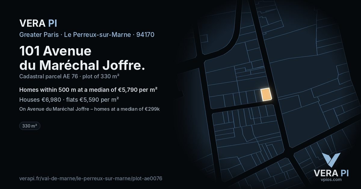 101 Avenue du Maréchal Joffre, Le Perreux-sur-Marne at night – the plot lit, the parcels around coloured by the prices near them