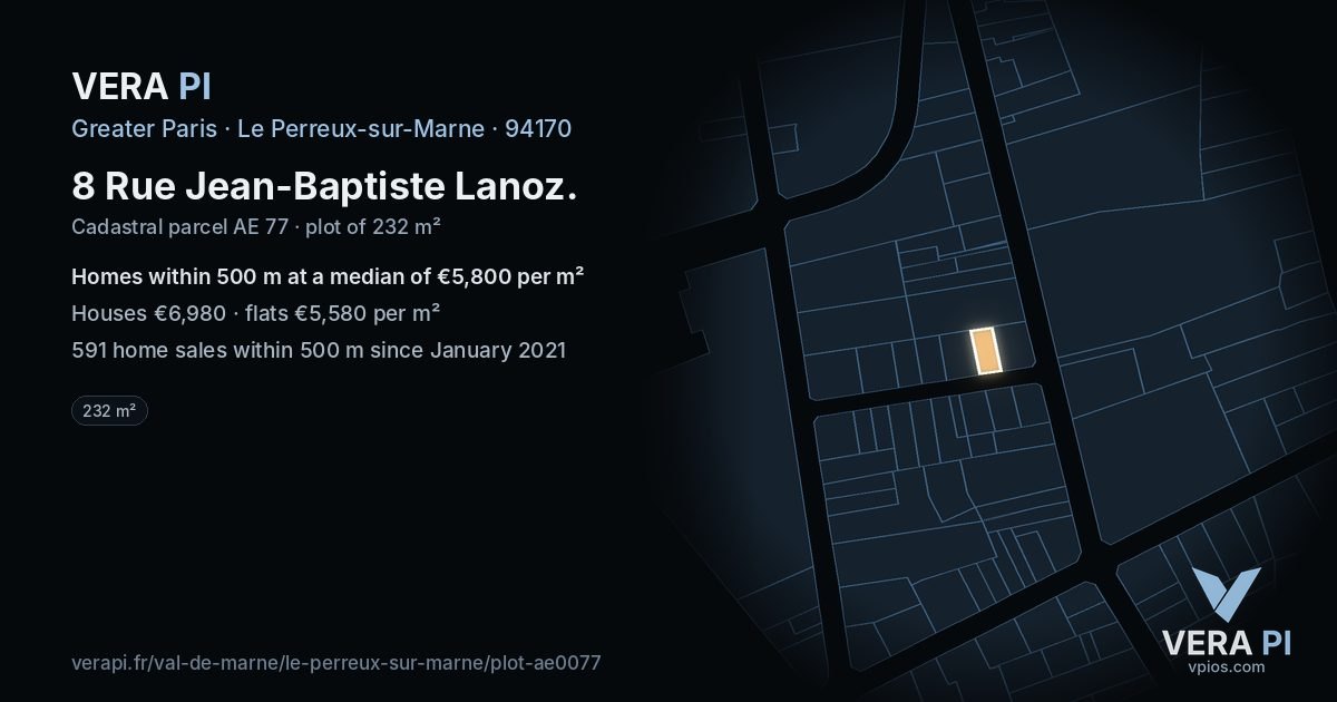 8 Rue Jean-Baptiste Lanoz, Le Perreux-sur-Marne at night – the plot lit, the parcels around coloured by the prices near them