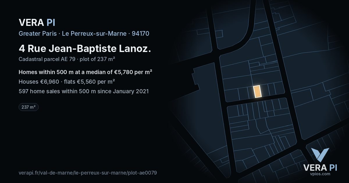 4 Rue Jean-Baptiste Lanoz, Le Perreux-sur-Marne at night – the plot lit, the parcels around coloured by the prices near them