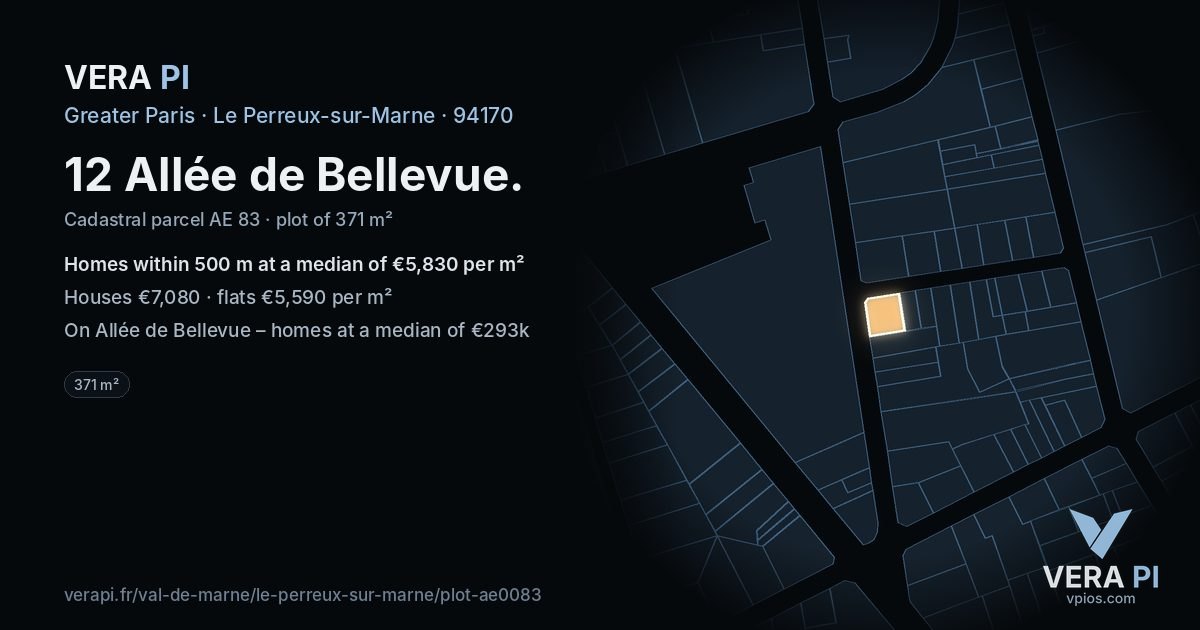12 Allée de Bellevue, Le Perreux-sur-Marne at night – the plot lit, the parcels around coloured by the prices near them