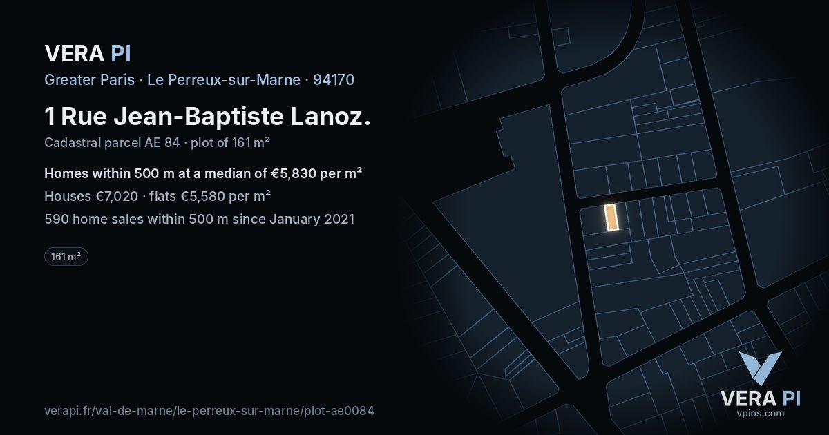 1 Rue Jean-Baptiste Lanoz, Le Perreux-sur-Marne at night – the plot lit, the parcels around coloured by the prices near them