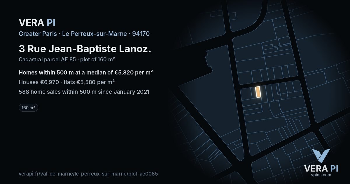 3 Rue Jean-Baptiste Lanoz, Le Perreux-sur-Marne at night – the plot lit, the parcels around coloured by the prices near them