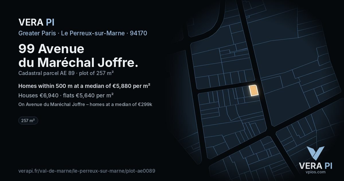 99 Avenue du Maréchal Joffre, Le Perreux-sur-Marne at night – the plot lit, the parcels around coloured by the prices near them