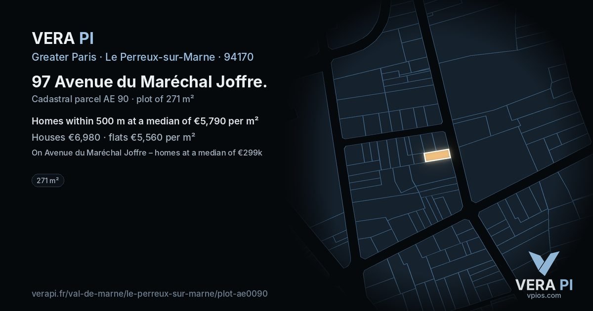 97 Avenue du Maréchal Joffre, Le Perreux-sur-Marne at night – the plot lit, the parcels around coloured by the prices near them