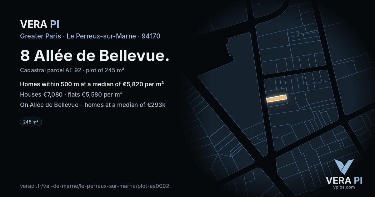 8 Allée de Bellevue, Le Perreux-sur-Marne at night – the plot lit, the parcels around coloured by the prices near them