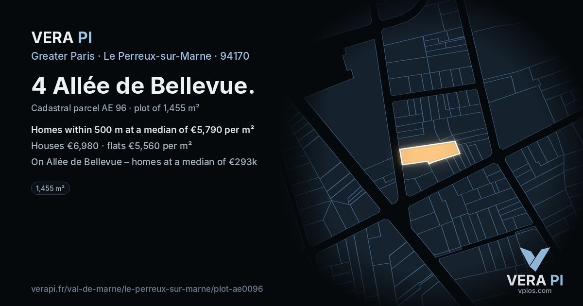 4 Allée de Bellevue, Le Perreux-sur-Marne at night – the plot lit, the parcels around coloured by the prices near them