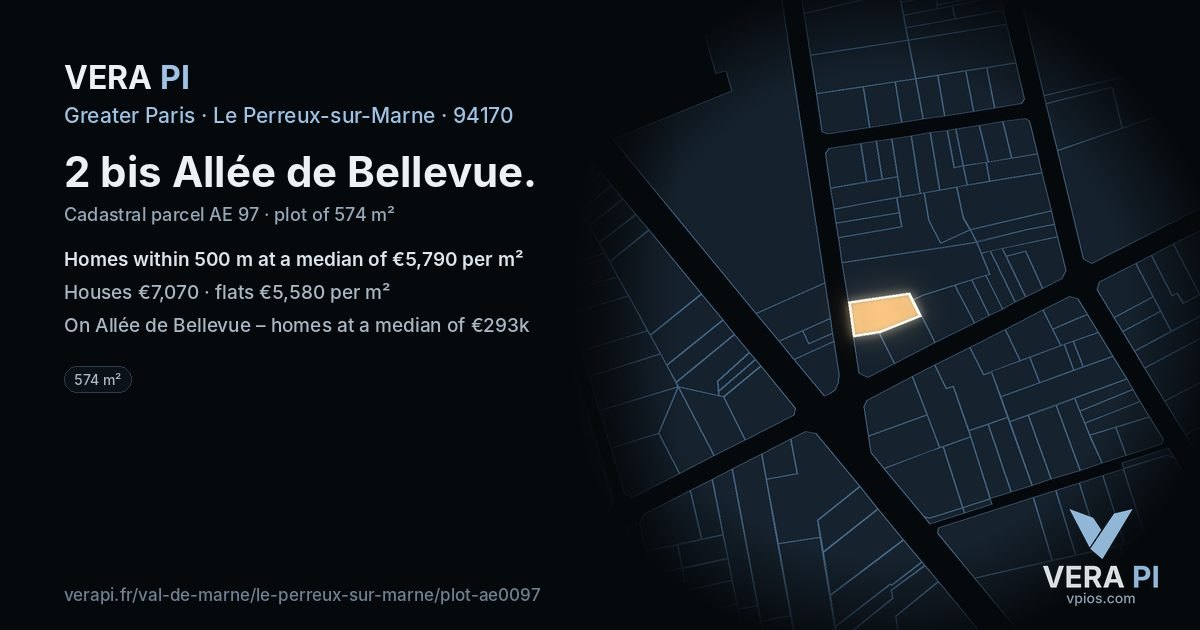 2 bis Allée de Bellevue, Le Perreux-sur-Marne at night – the plot lit, the parcels around coloured by the prices near them