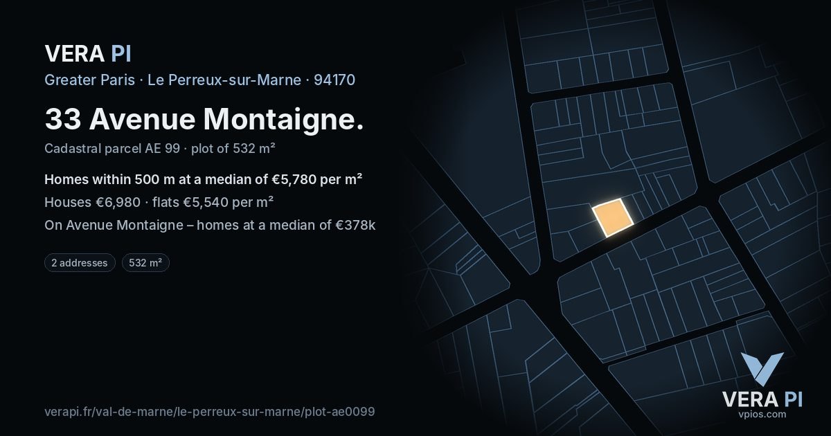 33 Avenue Montaigne, Le Perreux-sur-Marne at night – the plot lit, the parcels around coloured by the prices near them