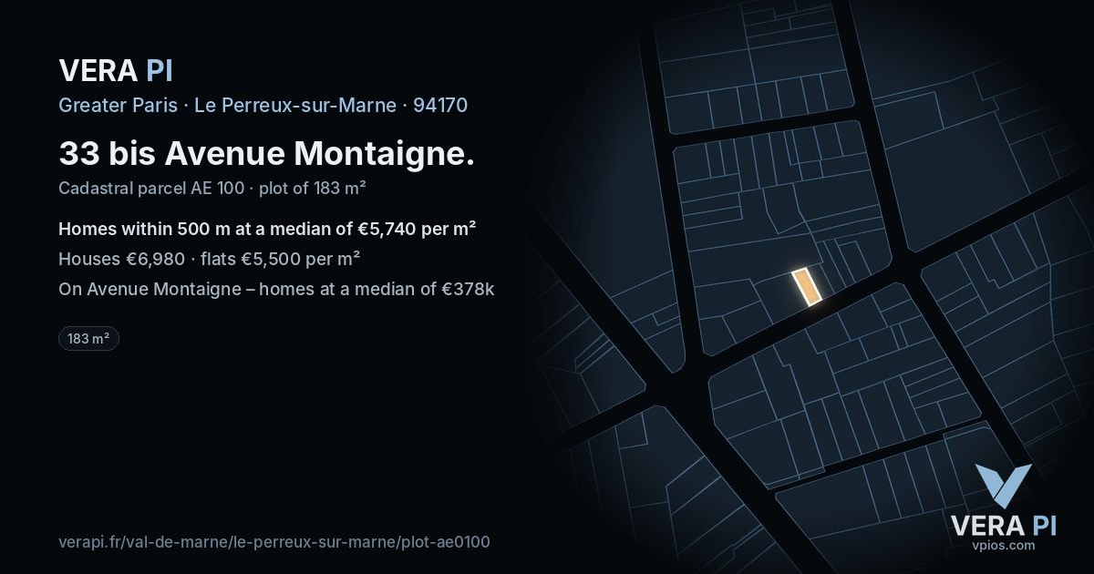 33 bis Avenue Montaigne, Le Perreux-sur-Marne at night – the plot lit, the parcels around coloured by the prices near them