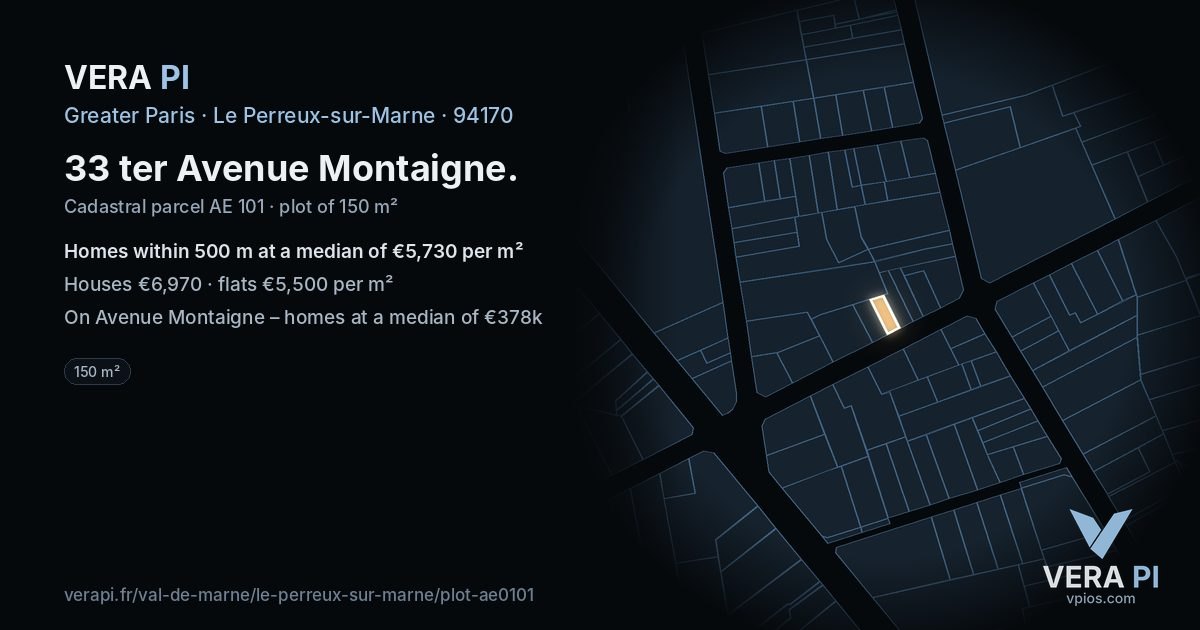 33 ter Avenue Montaigne, Le Perreux-sur-Marne at night – the plot lit, the parcels around coloured by the prices near them