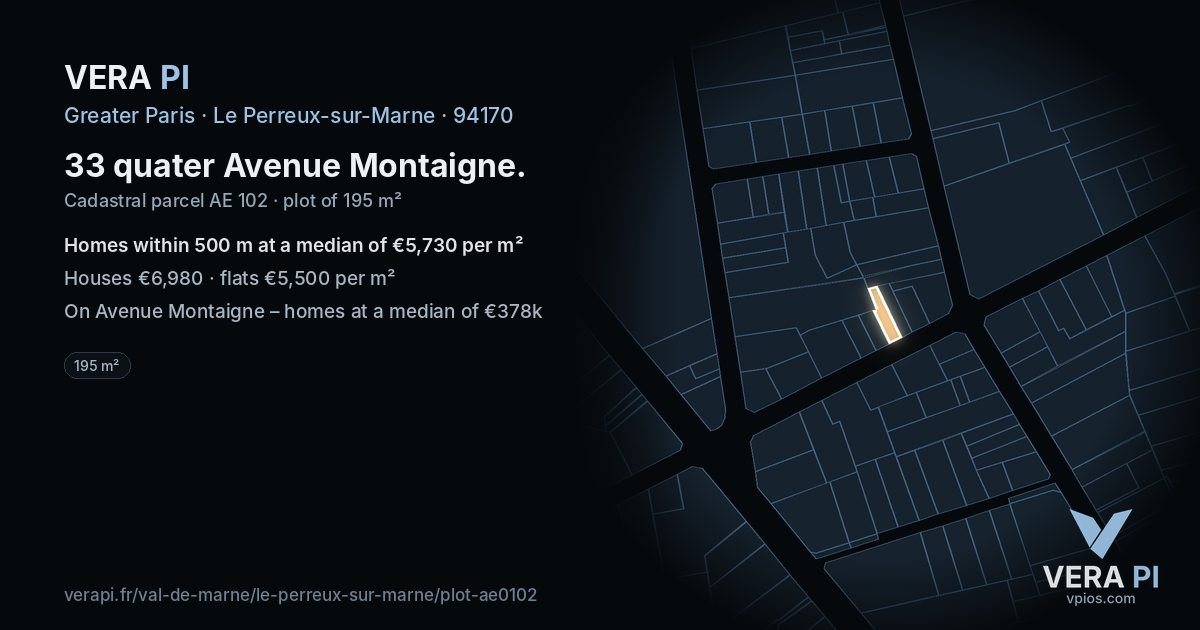 33 quater Avenue Montaigne, Le Perreux-sur-Marne at night – the plot lit, the parcels around coloured by the prices near them