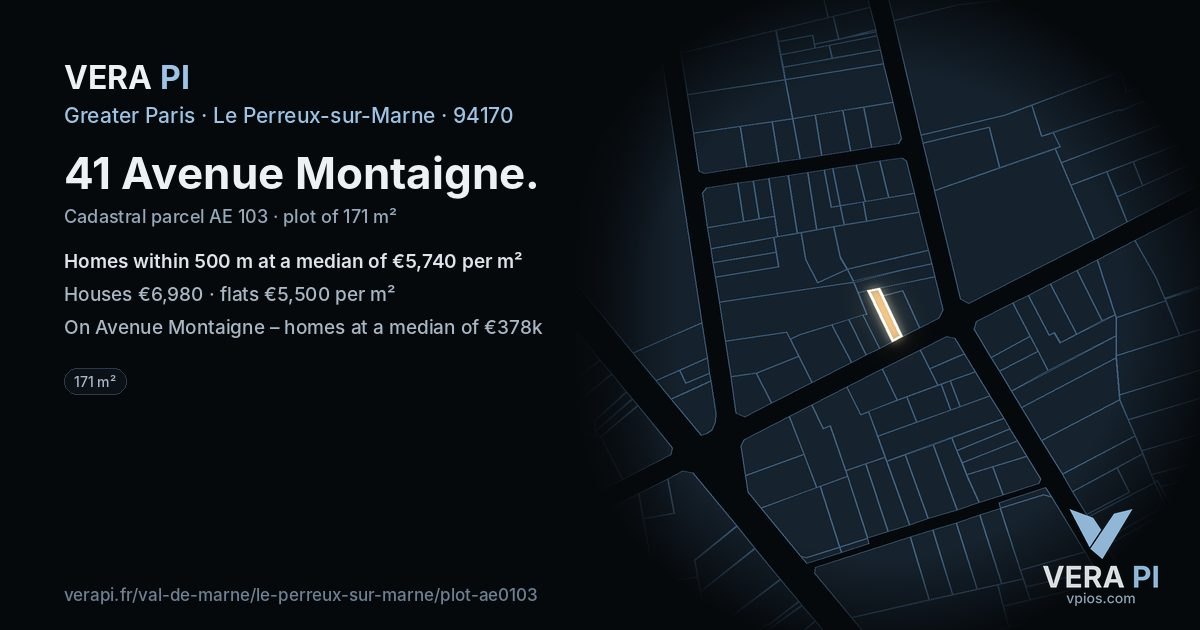41 Avenue Montaigne, Le Perreux-sur-Marne at night – the plot lit, the parcels around coloured by the prices near them
