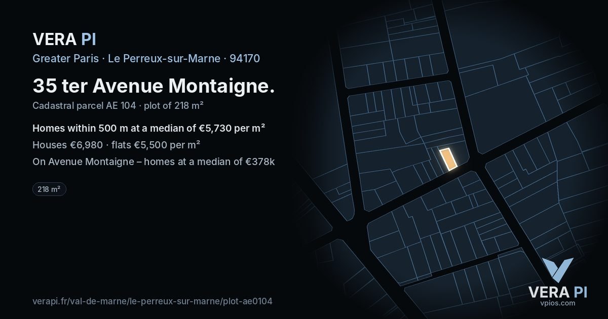 35 ter Avenue Montaigne, Le Perreux-sur-Marne at night – the plot lit, the parcels around coloured by the prices near them