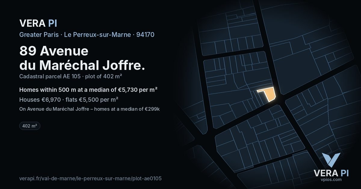 89 Avenue du Maréchal Joffre, Le Perreux-sur-Marne at night – the plot lit, the parcels around coloured by the prices near them