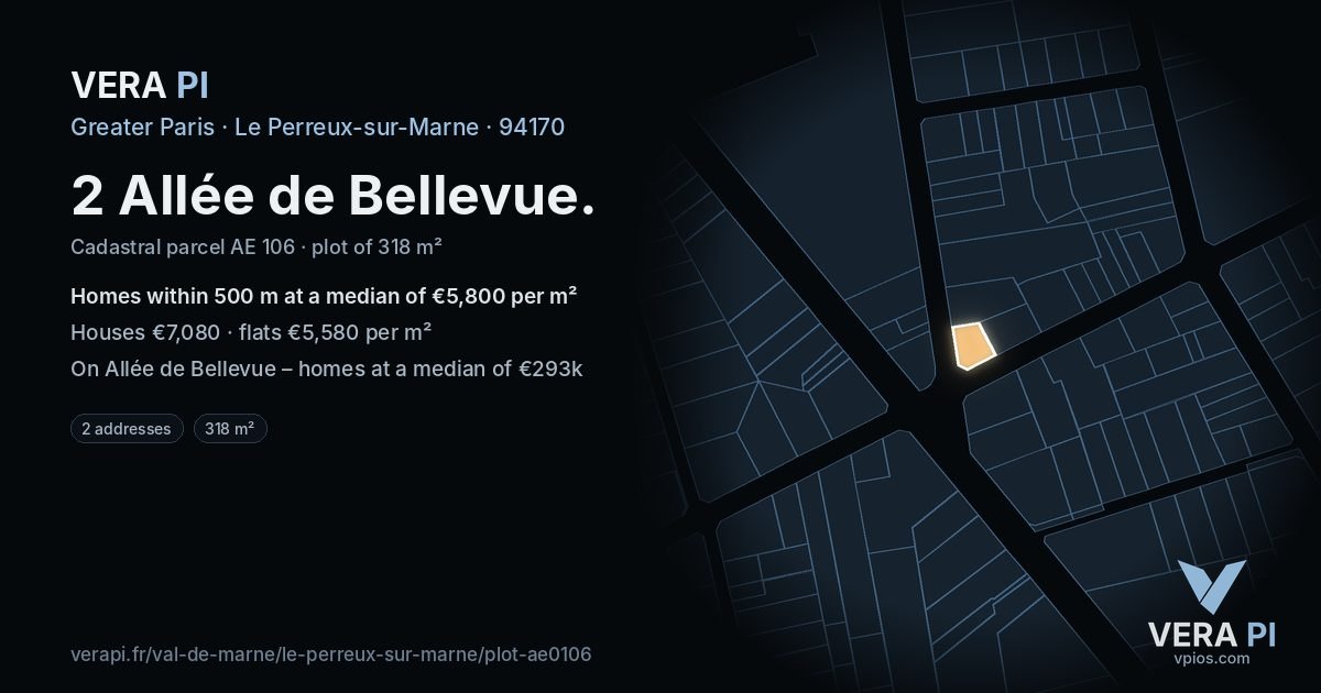 2 Allée de Bellevue, Le Perreux-sur-Marne at night – the plot lit, the parcels around coloured by the prices near them