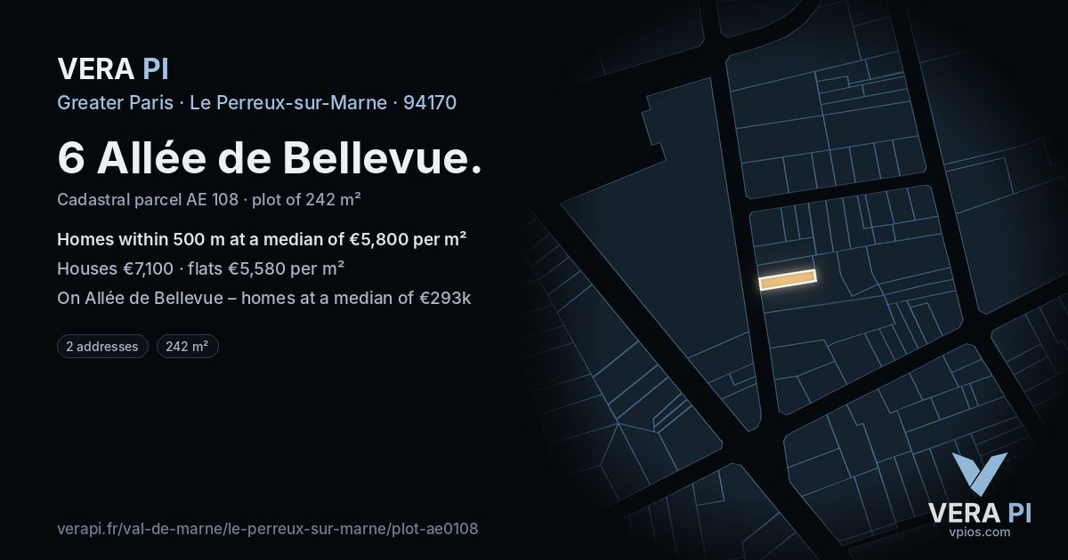 6 Allée de Bellevue, Le Perreux-sur-Marne at night – the plot lit, the parcels around coloured by the prices near them