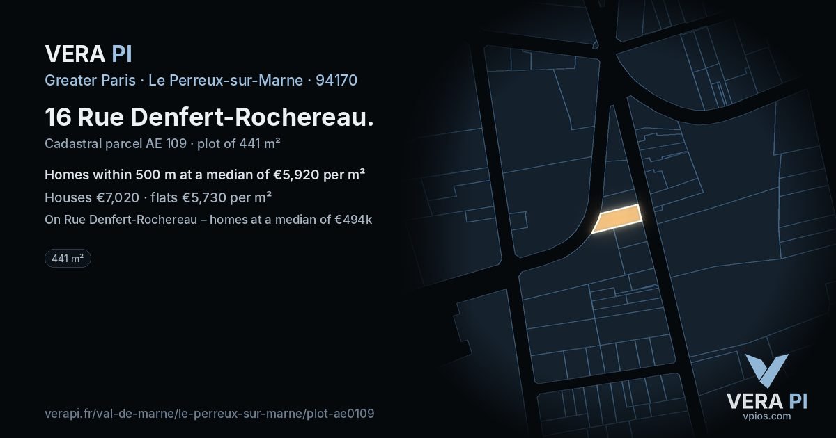 16 Rue Denfert-Rochereau, Le Perreux-sur-Marne at night – the plot lit, the parcels around coloured by the prices near them