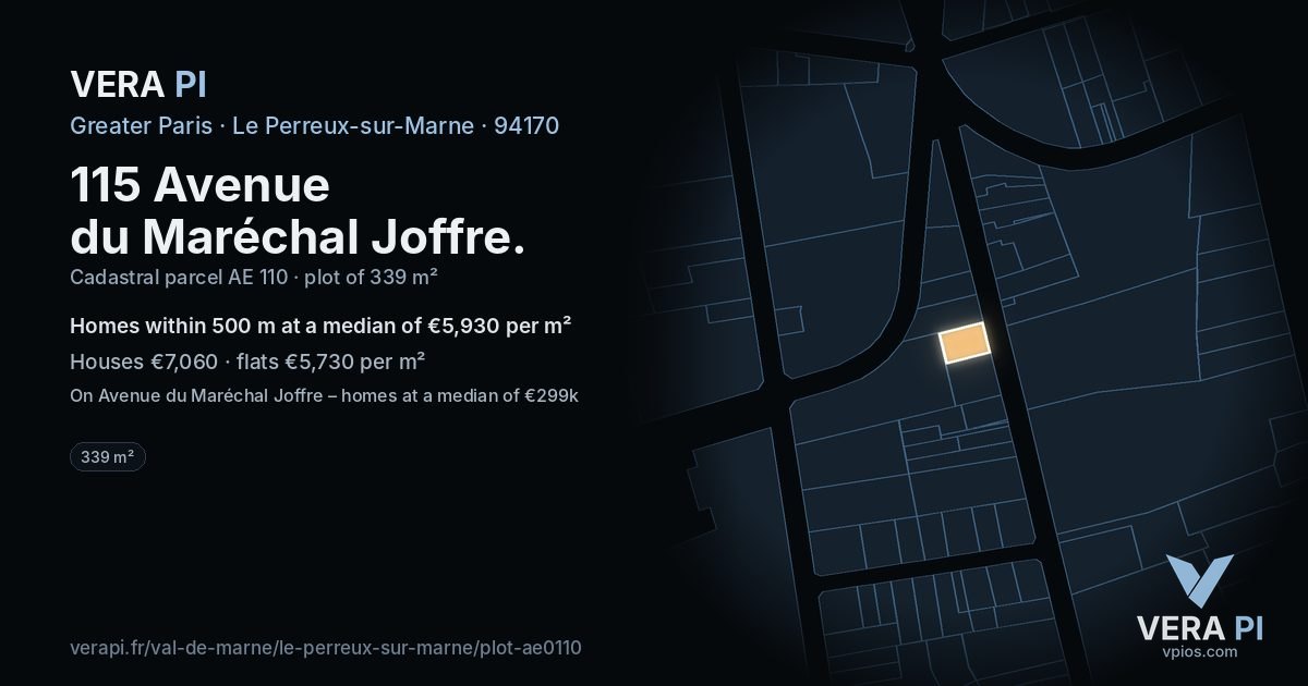 115 Avenue du Maréchal Joffre, Le Perreux-sur-Marne at night – the plot lit, the parcels around coloured by the prices near them